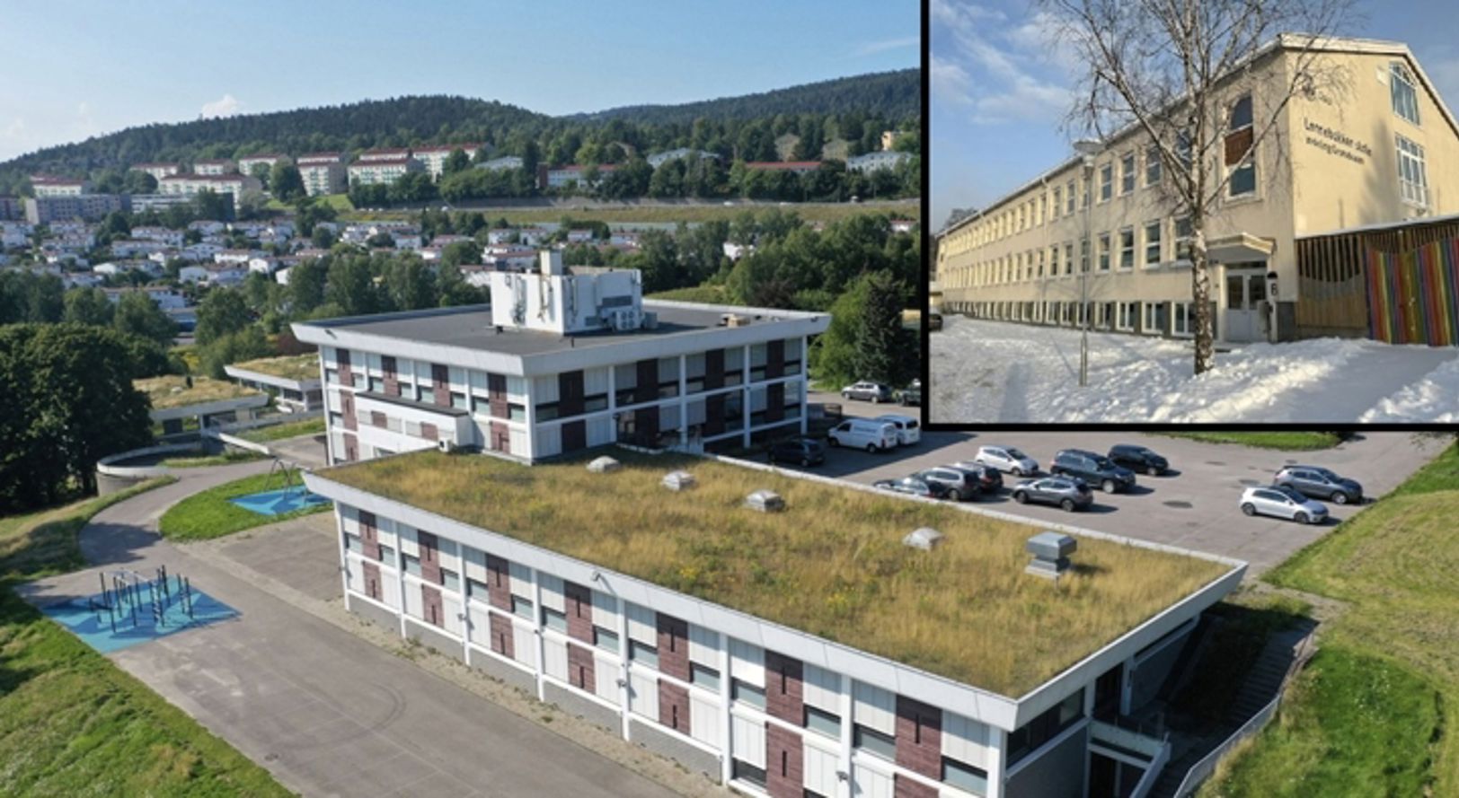 En bygning med parkeringsplass En bygning med parkeringsplass